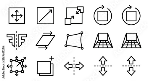 Vector transformation and perspective editing tools icon set in black outline style for graphic design.