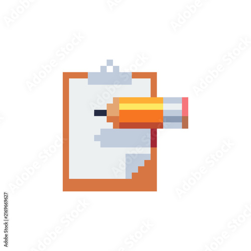 Pixel art checklist with a pencil on a sheet of paper, retro 8-bit style icon for tasks, notes, planning and organization.