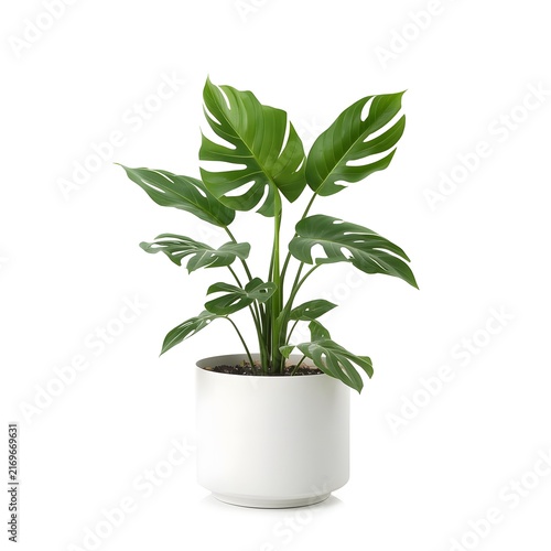 Green Tropical Houseplant in White Pot Isolated on White Background