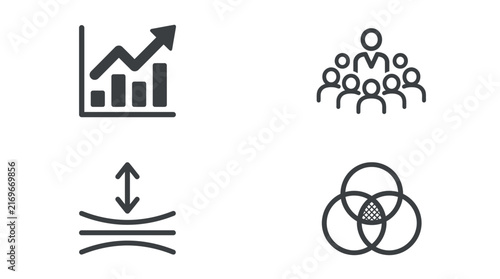 Minimalist black outline icons representing business growth, corporate team leadership, compression physics, and overlapping venn diagrams
