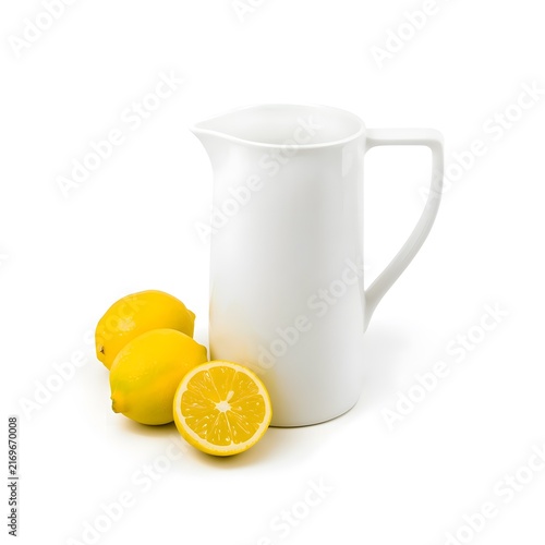 White Ceramic Pitcher with Fresh Lemon Slices Isolated on White Background