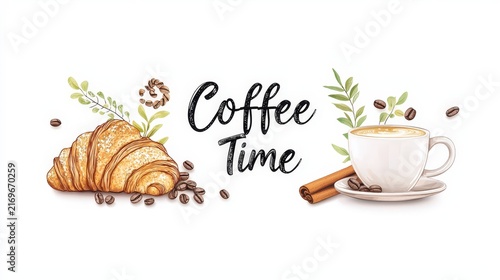 Cozy Coffee Time with Croissant and Herbal Decor in Artistic Style