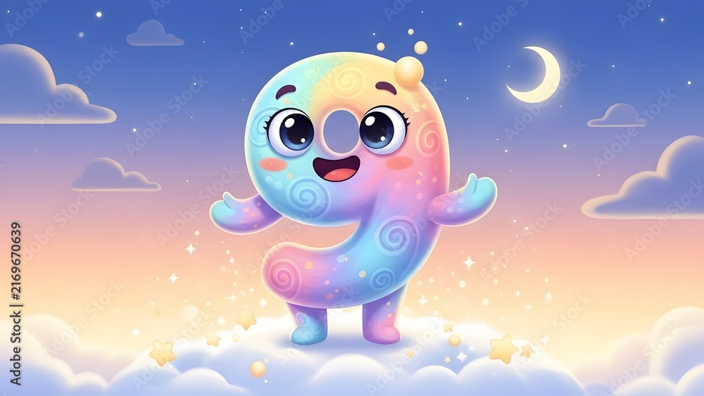 Fototapeta premium Whimsical number nine character, cute pastel rainbow 9 mascot, magical starry night sky background with crescent moon