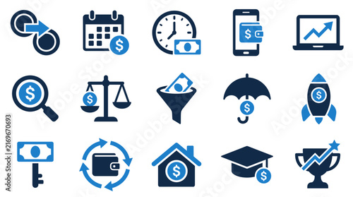 Bild auf Leinwand Collection of blue finance and investment icons including money banking growth c