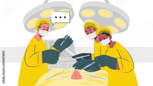 A doctor and nurses are performing surgery with scalpels in their hands. Cartoon-style flat vector art