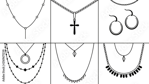 Necklace and Jewelry Icon Set Collection with Pendants Chains and Earrings Outline Vector Design
