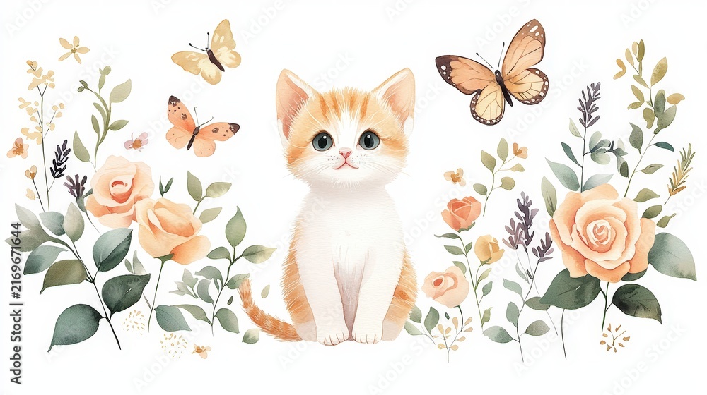 Fototapeta premium Adorable kitten surrounded by colorful butterflies and blooming roses in a floral scene