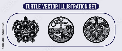 Linocut turtle vector illustration set featuring celestial moon stars turtle, nautical anchor ocean waves, and compass rose emblem design elements.