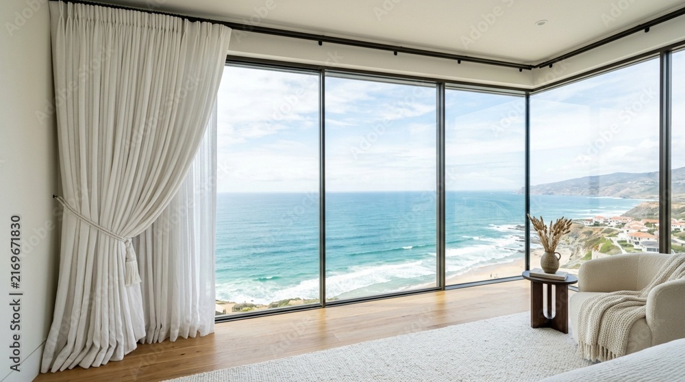 Fototapeta premium Ocean View Luxury Apartment Interior with Curtains and Coastal Scenery