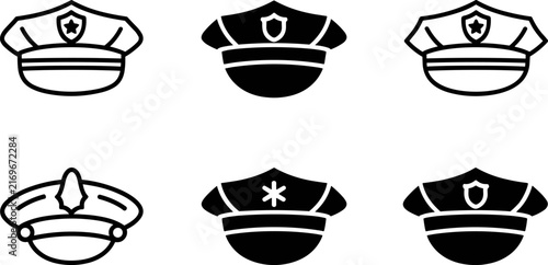 Police Officer Hat Icon Set in Outline and Glyph Style for Law Enforcement Design