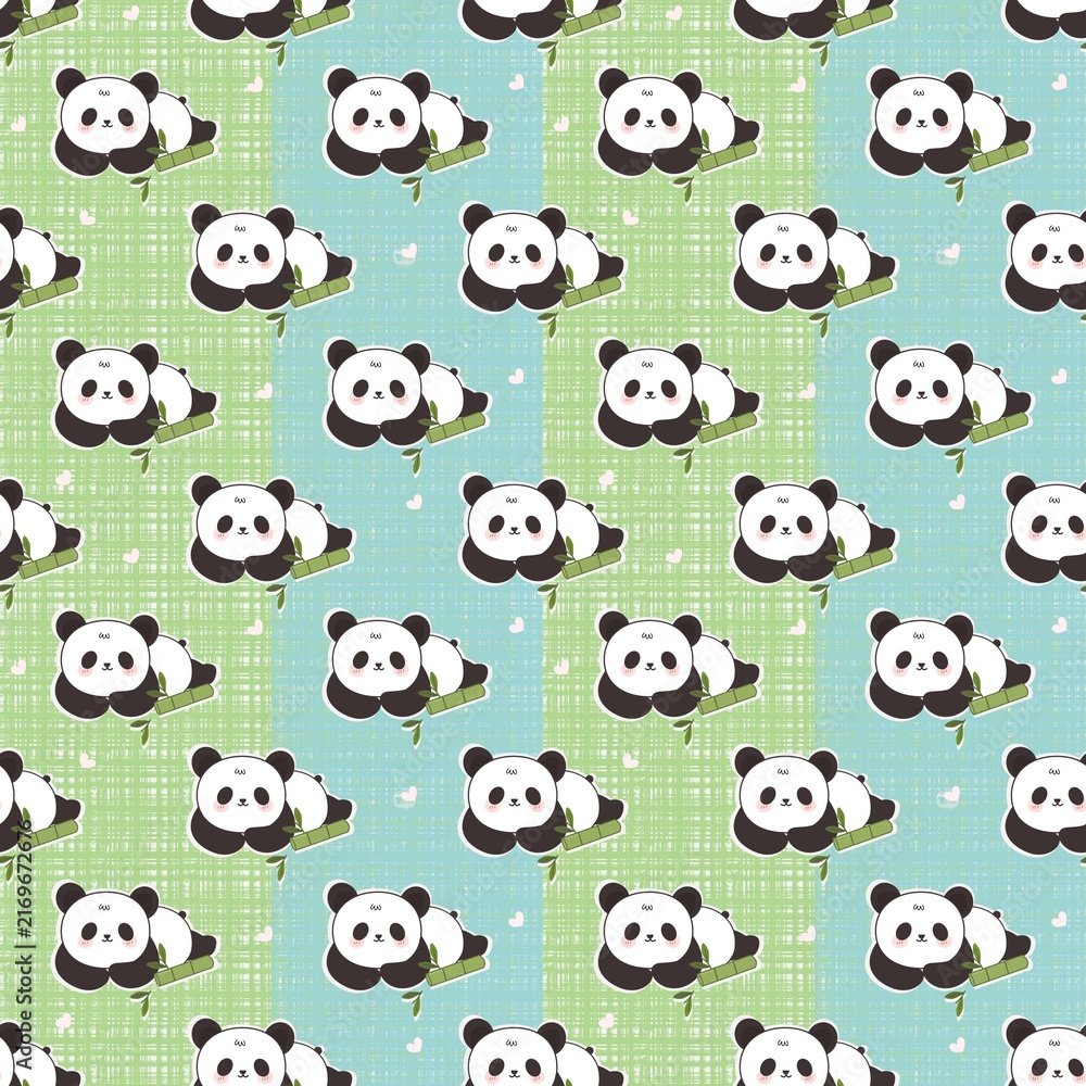 Fototapeta premium Cute Panda Bear Seamless Pattern on Light Blue Background Illustration