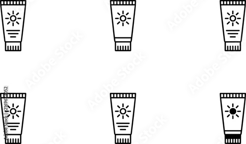 Sunscreen Tube Icons Set in Line Style UV Protection Sunblock Skincare Cosmetic Vector Collection