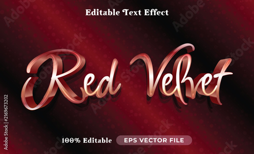 Red velvet 3D editable text effect design with a glossy metallic ribbon typography style