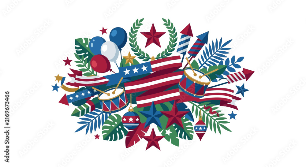 Obraz premium USA Holiday Celebration Collage: Flags, Fireworks, Drums, Balloons, Stars, Leaves