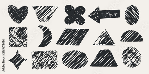 A set of black geometric shapes drawn with a wax crayon on white background. Suitable for banners, prints, or collages.