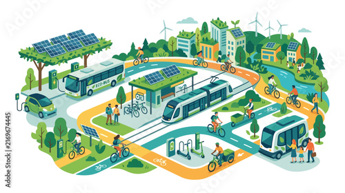Sustainable City Transport: Electric Bus, Tram, Bikes, Solar Power & Green Buildings