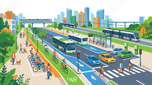 Sustainable Cityscape: Eco-friendly transport, bikes, buses, trams, cars, buildings
