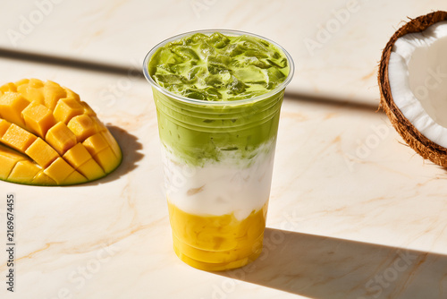 Layered Mango Coconut Matcha Iced Drink