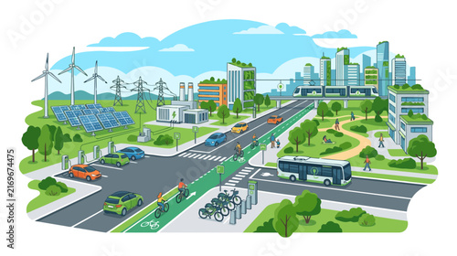Sustainable Cityscape: Eco-Friendly Urban Life with Renewable Energy and Green Transport