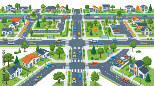 Suburban Street Plan: Houses, Roads, Cars, Traffic, Green Spaces, Cityscape