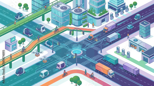 Smart City Transportation Hub: Futuristic Isometric Traffic Intersection