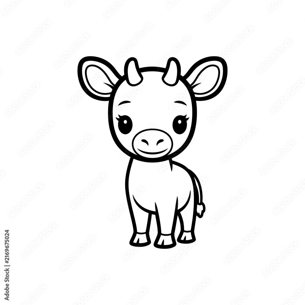 Obraz premium Cute cartoon baby calf line art vector illustration for kids coloring book page featuring a cute jungle animal character on white background