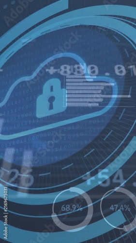 Animation of cloud icon and security padlock icon over statistical and stock market data processing