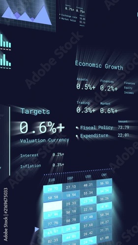 Animation of multiple graphs, loading circles, changing numbers, trading board over black background