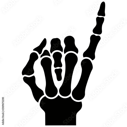 Skeleton hand pointing up with index finger in silhouette against white