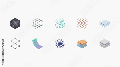 Advanced materials technology vector icon set – Perfect for nanotechnology research, materials science presentations, or engineering graphics.