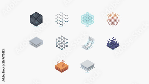 Scientific nanomaterials vector icon sheet – Ideal for composite materials branding, chemical engineering slides, or deep tech platform UI.