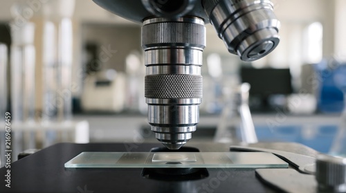 A close-up view of a scientific microscope lens and glass slide in a laboratory setting.