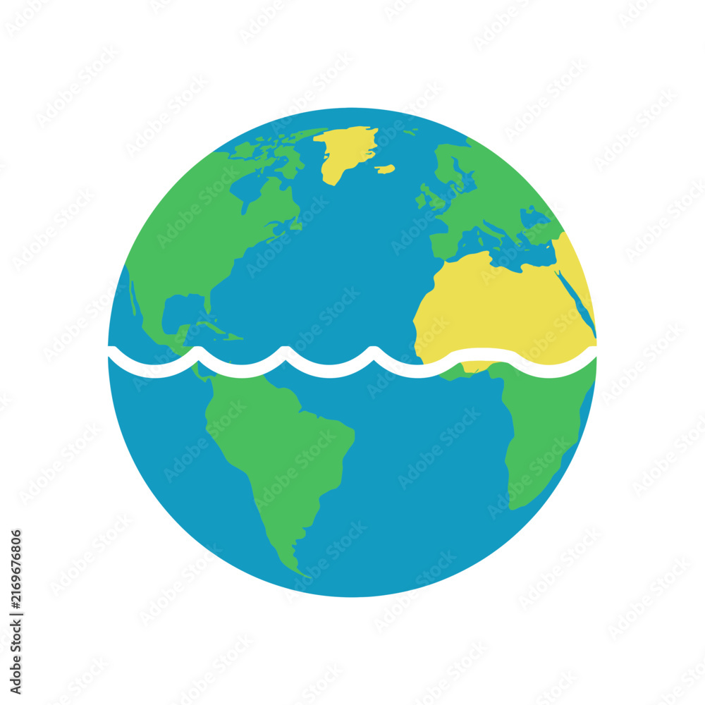 Fototapeta premium Flat vector illustration of planet earth globe with a wavy water line dividing land and sea for environmental and climate change concepts isolated on transparent background, Vector