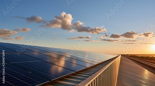 Wide banner photograph of solar panels lining the roof of a mineral processing plant, clean sky with soft clouds providing negative space for text