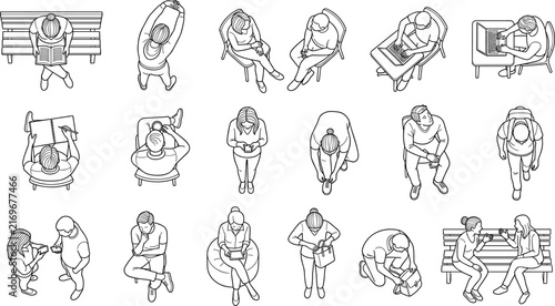 Set of diverse people top view icons in isometric line art style for architectural and design projects