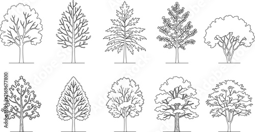 Set of various tree icons collection isolated on white background, black and white linear vector illustration design