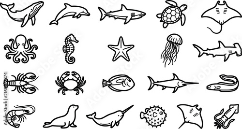 Photography Sea life line art icon set featuring marine animals whale shark turtle octopus a