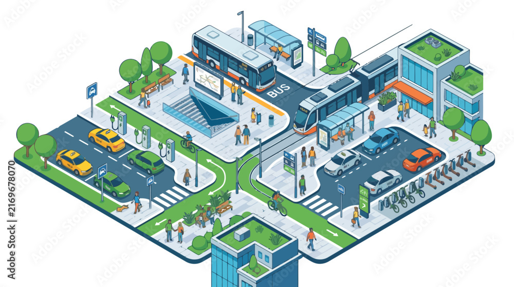 Fototapeta premium Modern City Transportation Hub: Eco-Friendly Public Transit & Smart Mobility
