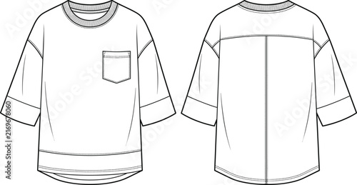 Technical flat sketch of an oversized t-shirt with pocket, dropped shoulders, and back seam detail, black and white