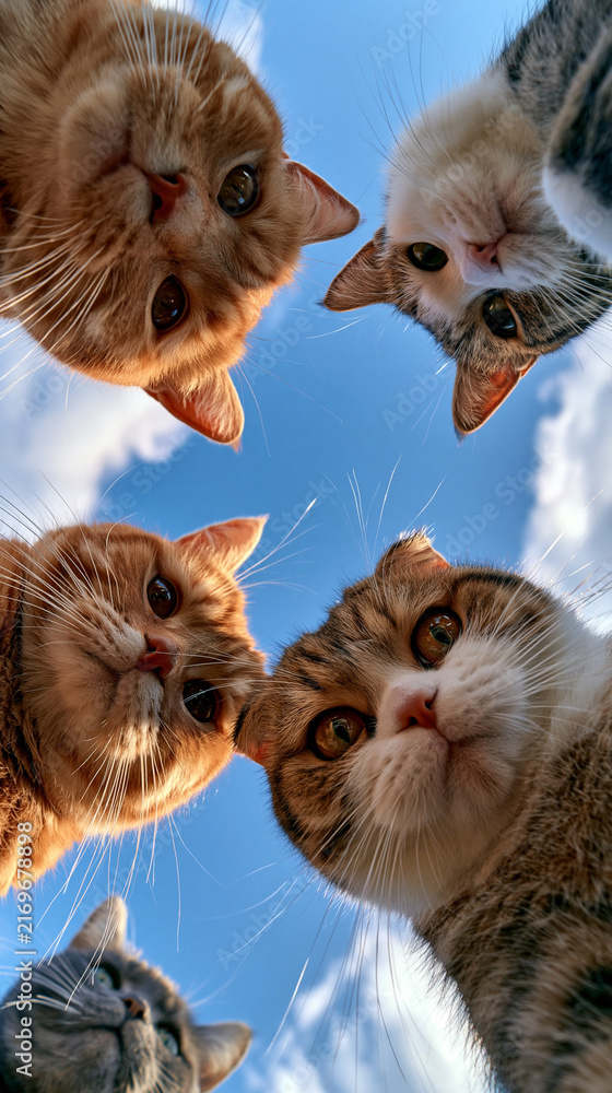 Naklejka premium A Puzzling Feline Gathering: A whimsical low-angle shot captures five adorable cats of various breeds looking directly into the camera.