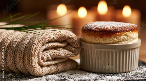 Souffle in a ramekin glows warmly beside a cozy knit blanket