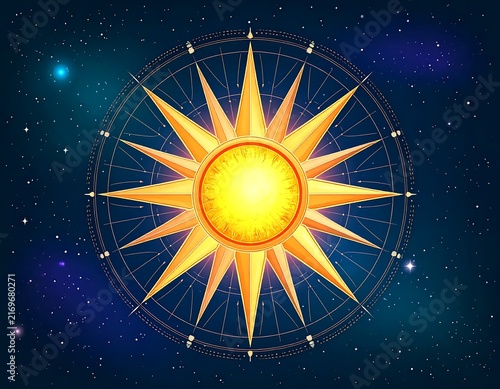 Radiant golden sunburst in cosmic starfield backdrop.