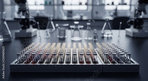 Laboratory Experiment with Test Tubes and Equipment in Scientific Space