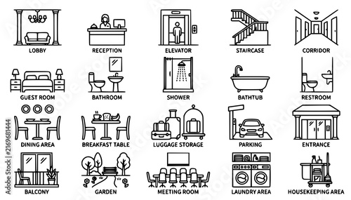 Hotel Facilities Lobby Bathroom Dining and Service Thin Line Vector Icons