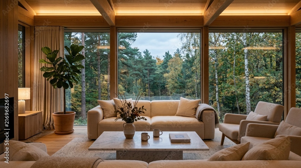Fototapeta premium Modern living room with forest view, cozy atmosphere, natural light, Scandinavian design