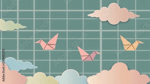 Origami Cranes Flying in a Dreamy Sky with Paper Clouds, Pastel Colors