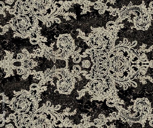 Damask Baroque Seamless Pattern Texture with Vintage Damask Ornament on Black Background