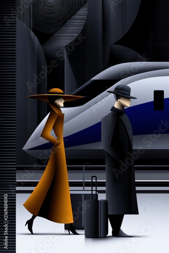 AI-generated illustration - fashionable characters traveling in style, by train, in black, gray, white and brown