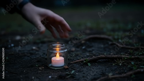 Hand gently places a glowing candle in a jar on dark, slightly muddy ground at dusk