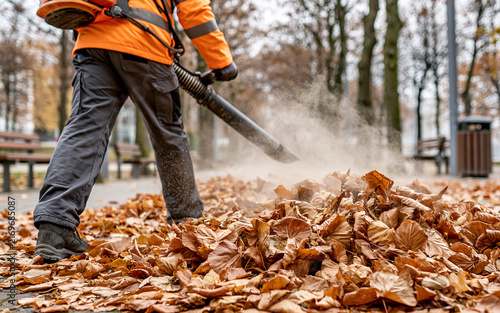Professional worker clearing fallen leaves with leaf blower in public park during autumn